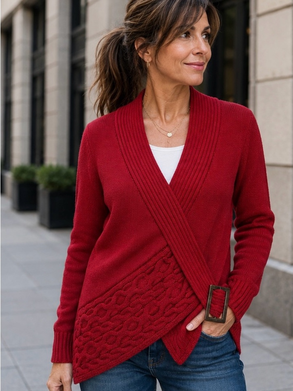 VENUS Red Wrap-Style Cable Knit Sweater - Women